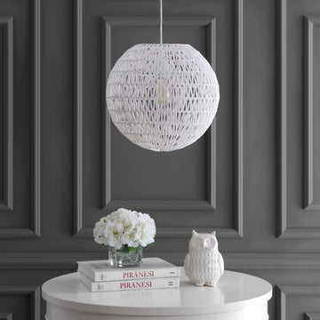 Luna 15.75" Bohemian Modern Woven Rattan/Iron LED Pendant - JONATHAN Y